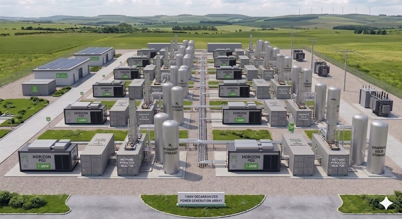 Methane pyrolysis reactors producing hydrogen and solid carbon at a Horizon array